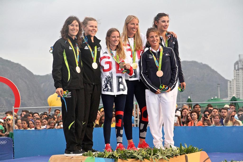 470 Womens  medal presentation (NZL, GBR and FRA) - 2016 Sailing Olympics photo copyright Richard Gladwell www.photosport.co.nz taken at  and featuring the  class