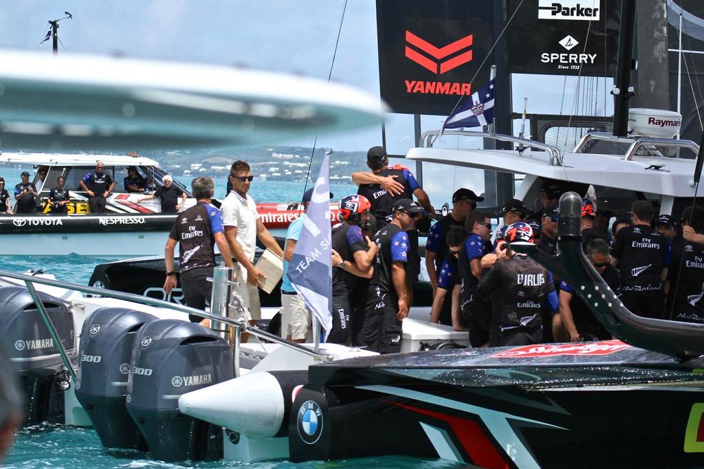 New Challenger of Record - Patrizio Bertelli (Luna Rossa, dark shirt)) looks on from the back ground chase boat after Emirates Team New Zealand - Match, Day  5 - Finishes - Race 9 - 35th America's Cup  - Bermuda  June 26, 2017 photo copyright Richard Gladwell www.photosport.co.nz taken at  and featuring the  class