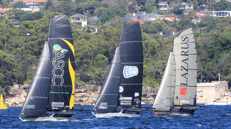 Winnings 2025 JJ Giltinan 18ft Skiff Championship Race 2: ASCC, Bigfoot and Lazarus in a line upwind - photo © SailMedia