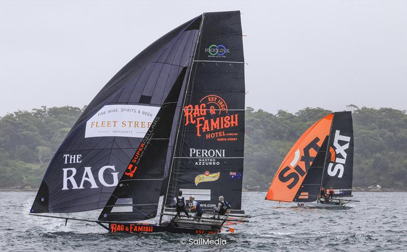 Winnings 2025 JJ Giltinan 18ft Skiff Championship Races 3 & 4: Rag  & Famish Hotel above Sixt photo copyright SailMedia taken at Australian 18 Footers League and featuring the 18ft Skiff class