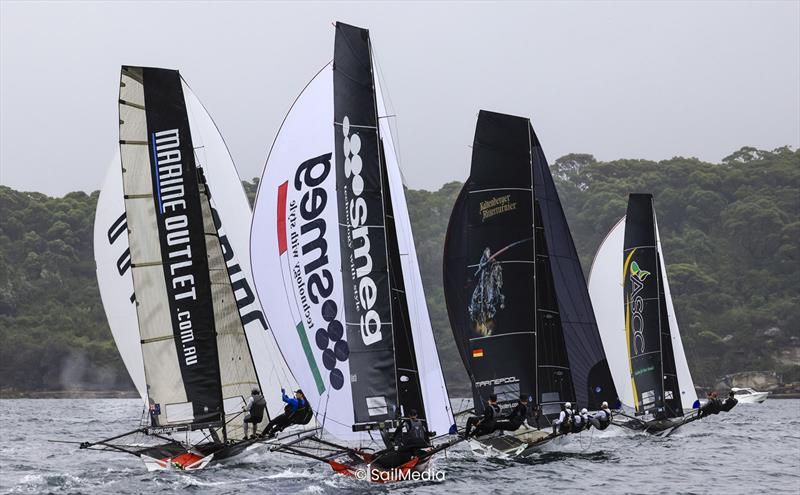 Winnings 2025 JJ Giltinan 18ft Skiff Championship Races 3 & 4: Tight racing downwind photo copyright SailMedia taken at Australian 18 Footers League and featuring the 18ft Skiff class