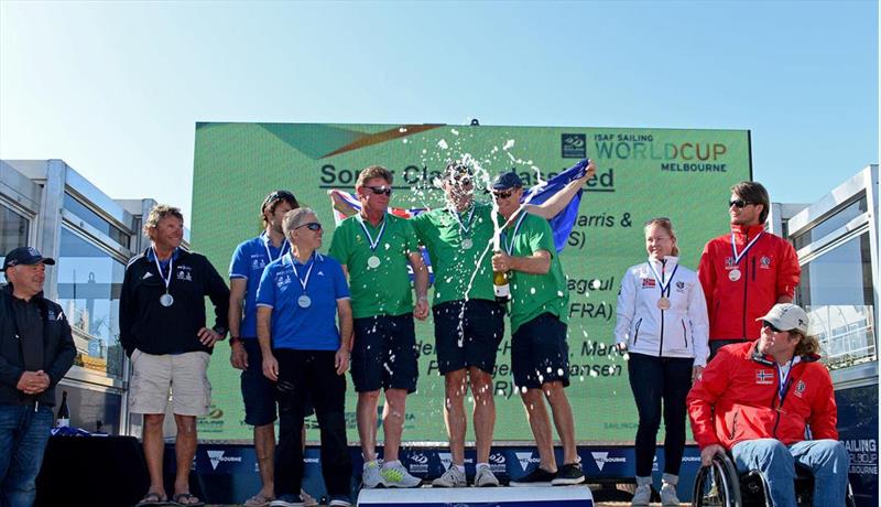 Sonar winners podium at ISAF Sailing World Cup Melbourne photo copyright Sport the library / Jeff Crow taken at Royal Melbourne Yacht Squadron and featuring the Sonar class