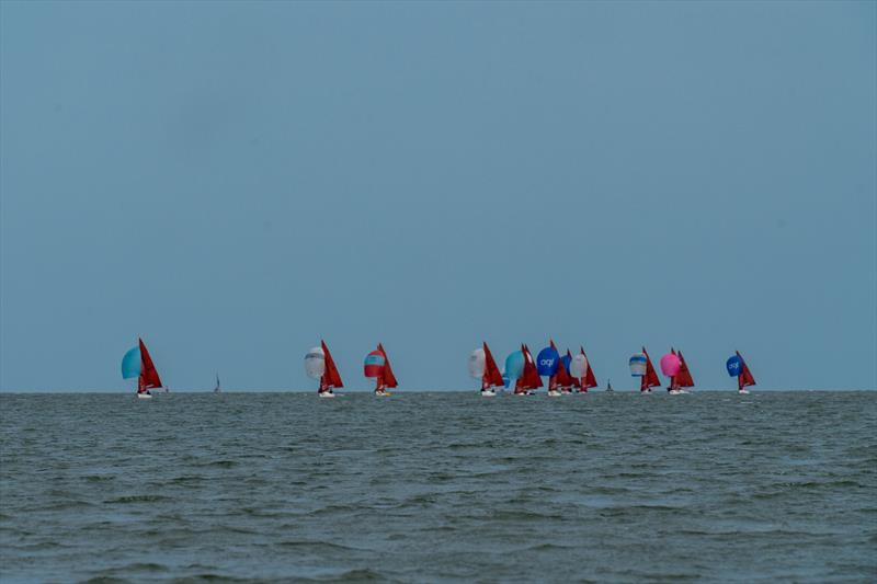 Ray Apthorp and Ian Simons, Nemesis 806, lead the squib fleet during the 7th day of Burnham Week 2024 photo copyright Petru Balau Sports Photography / sports.hub47.com taken at Royal Corinthian Yacht Club, Burnham and featuring the Squib class