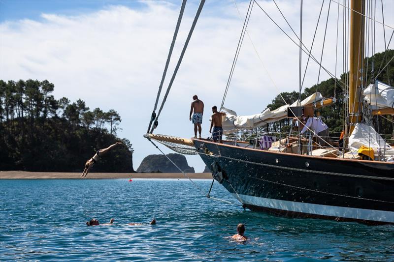 Crew of Aschanti IV of Vegesack enjoy the waters of the Bay of Islands photo copyright Jeff Brown taken at Royal New Zealand Yacht Squadron and featuring the Superyacht class