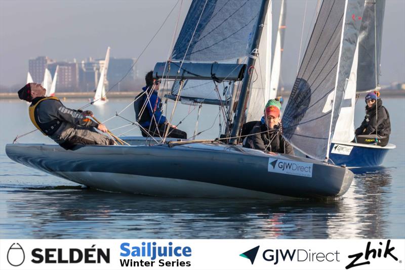 Jamie Stewart, Ben Palmer and Dicken Maclean finish 3rd in the GJW Direct Bloody Mary 2025 photo copyright Tim Olin / www.olinphoto.co.uk taken at Queen Mary Sailing Club and featuring the Thames A Rater class