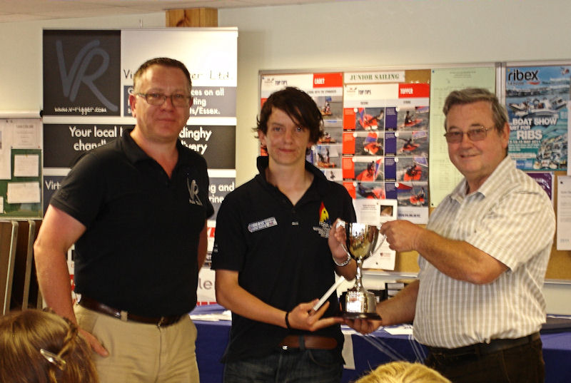 l to r: Simon Butterworth (VR Director & Topper Fleet Captain), Hugh Braidwood (Fishers Green Topper open winner) and Ken Daniels (Vice Commodore - FGSC) photo copyright Simon Butterworth taken at Fishers Green Sailing Club and featuring the Topper class