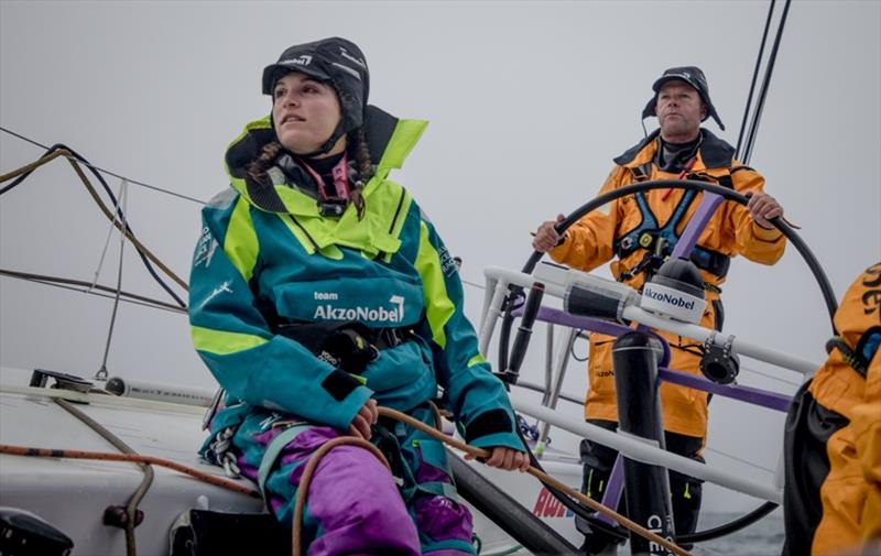 Leg 9, from Newport to Cardiff, day 2 on board Team AkzoNobel. Martine Grael and Chris Nicholson on deck in the white out. Visibility is with boats close by but out sight the crew try to keep the focus and make gains. 21 May, 2018 - photo © Konrad Frost / Volvo AB