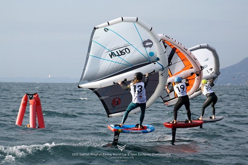 Close racing in the women's fleet with Ceris Orane (No.13) chasing Margherita Barro (No.19) and Ellie Aldridge (No. 30) - SabFoil 2022 WingFoil Racing World Cup & Open Europeans, Day 2 - photo © IWSA Media / Markus Schwendtner