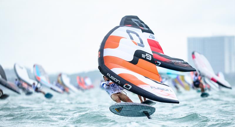 A first and early launch out of the rabbit start for Kamil Manowiecki - 2024 WingFoil Racing World Cup China, Day 1 photo copyright IWSA media / Robert Hajduk taken at  and featuring the Wing Foil class