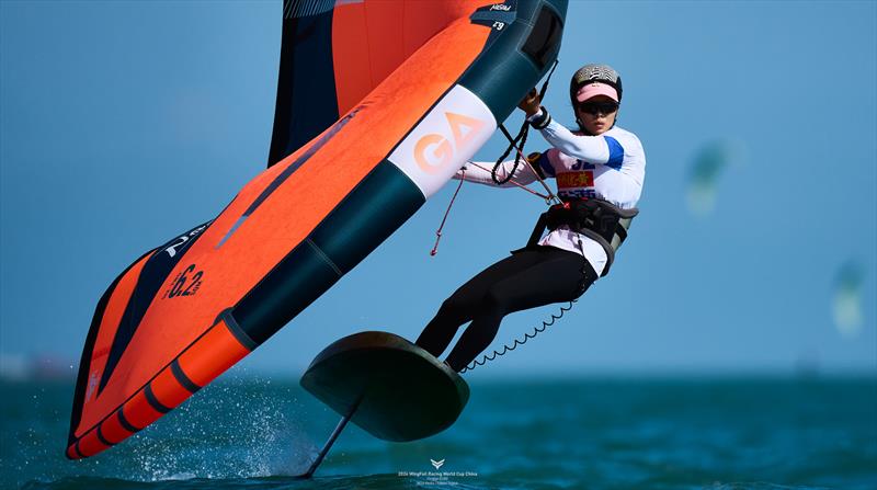 Meijuan Xiao is the top-performing Chinese rider and improving quickly - 2024 WingFoil Racing World Cup China, Day 2 photo copyright IWSA media / Robert Hajduk taken at  and featuring the Wing Foil class