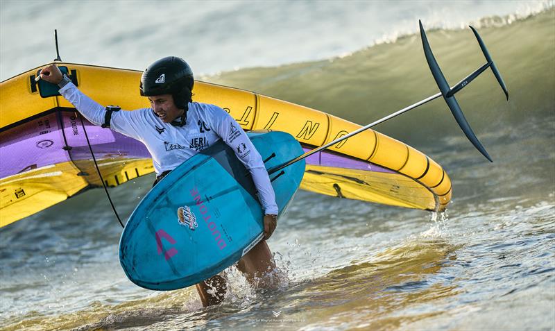 Nia Suardiaz steps ashore at the end of day one in top spot - Sol WingFoil Racing World Cup Brazil - photo © IWSA media/ Robert Hajduk