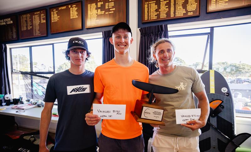 Gold Fleet prizewinners - from left Kosta Gladiadis (3rd), Sean Herbert (1st) and Jeremiah McDonald (2nd). PredictWind Wingfoil National Championships. Wakatere Boating Club. Day 3 - Saturday 9 March - photo © Suellen Hurling